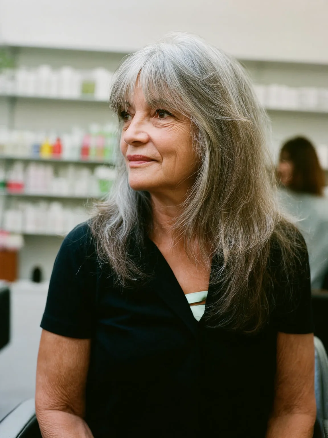Long Straight Silver with Curtain Bangs on Oblong Face
